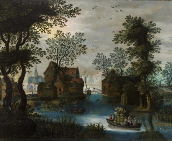 Jagtscenemesteren, Landsby ved kanal med mole og kirke, ca 1627-1620. Slots- og Kulturstyrelsen.